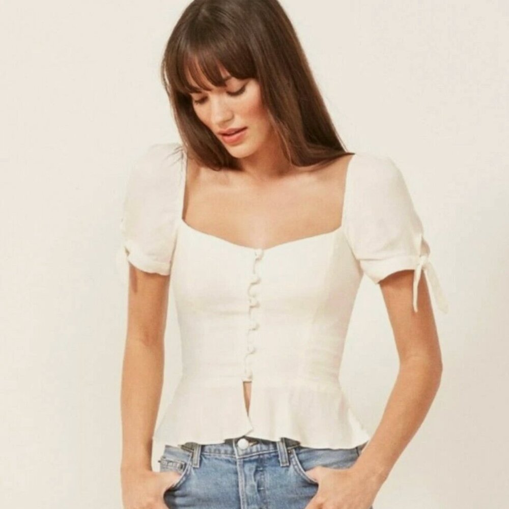 Reformation White Holland Top Peplum Button Smocked, Size 2